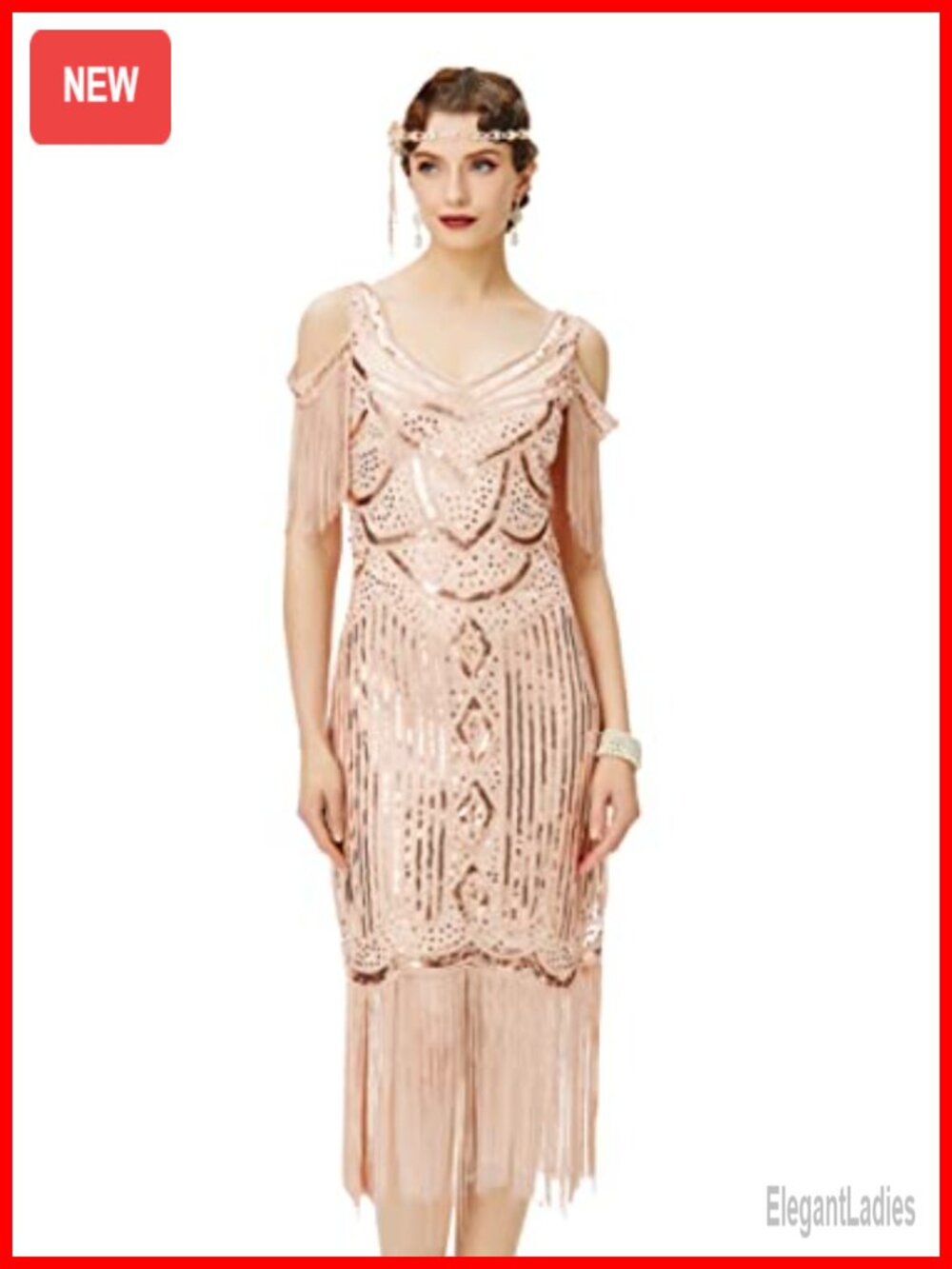 1920s Flapper Dress Sequin Beaded Fringe V-Neck Gatsby Party